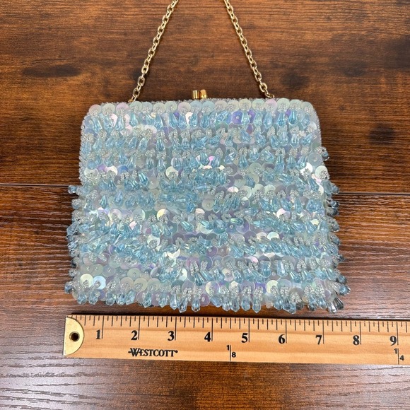 VTG 1960s Beaded Evening Bag Blue Iridescent Sequins Hong Kong Purse Bridal - Picture 8 of 8